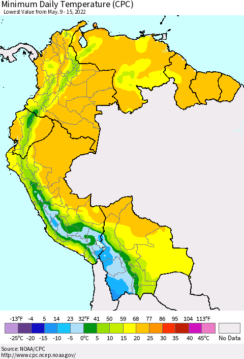 Northern South America Extreme Minimum Temperature (CPC) Thematic Map For 5/9/2022 - 5/15/2022