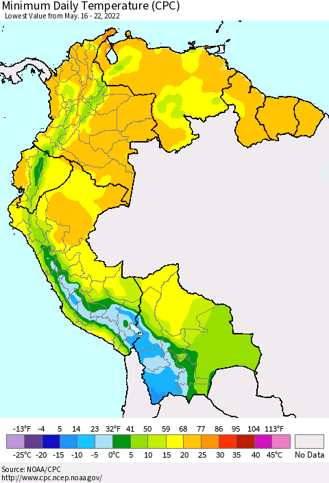 Northern South America Extreme Minimum Temperature (CPC) Thematic Map For 5/16/2022 - 5/22/2022