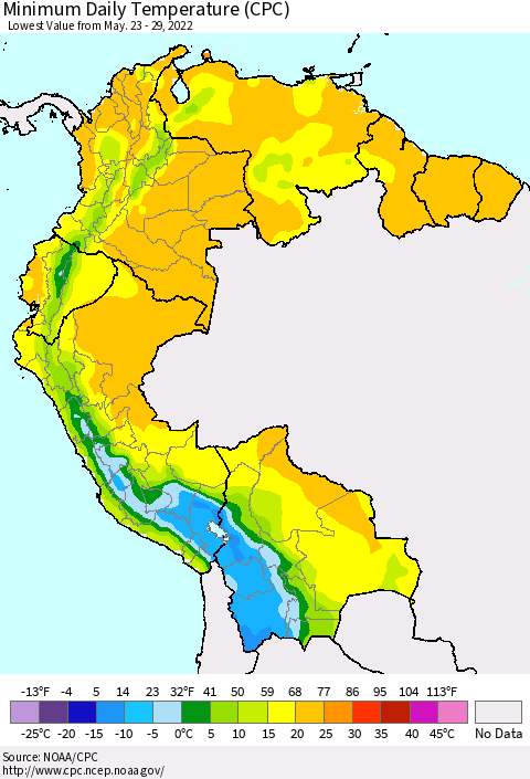 Northern South America Minimum Daily Temperature (CPC) Thematic Map For 5/23/2022 - 5/29/2022