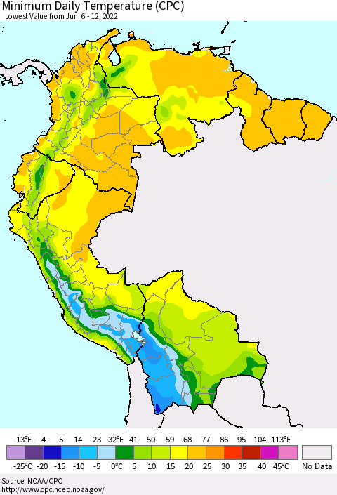 Northern South America Minimum Daily Temperature (CPC) Thematic Map For 6/6/2022 - 6/12/2022
