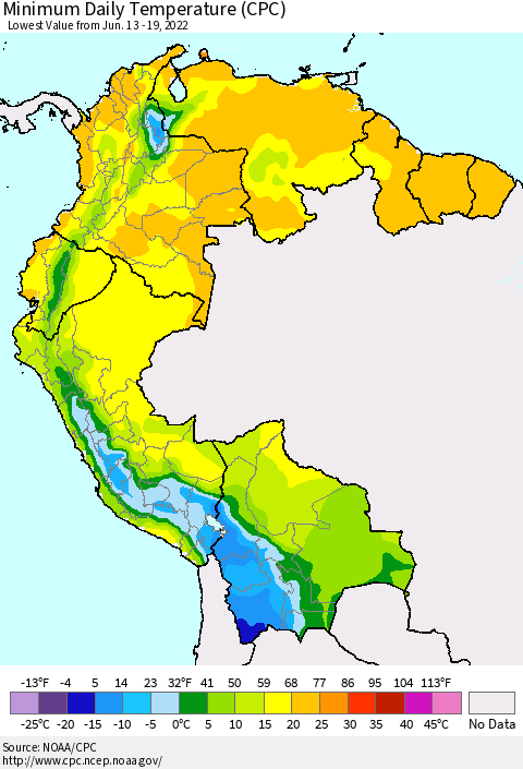 Northern South America Minimum Daily Temperature (CPC) Thematic Map For 6/13/2022 - 6/19/2022