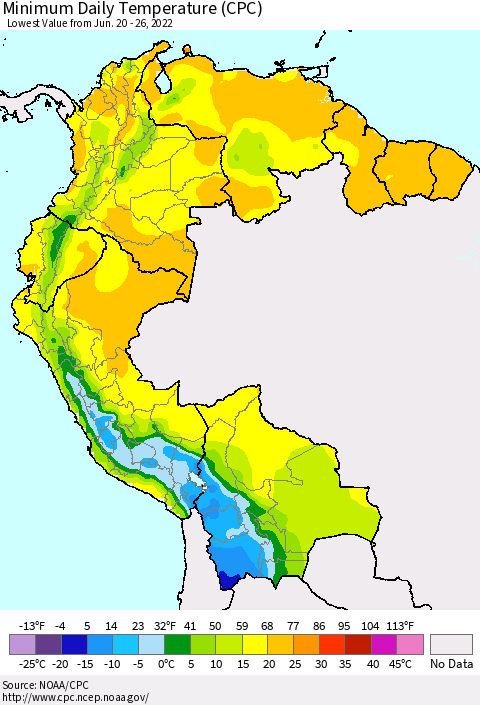 Northern South America Extreme Minimum Temperature (CPC) Thematic Map For 6/20/2022 - 6/26/2022