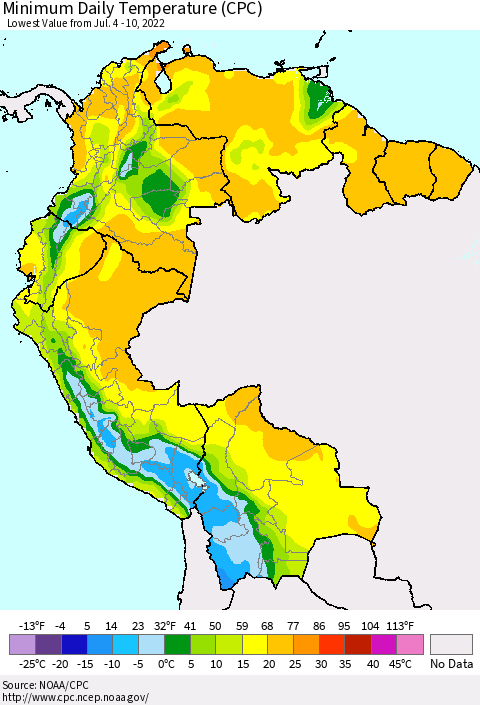 Northern South America Extreme Minimum Temperature (CPC) Thematic Map For 7/4/2022 - 7/10/2022