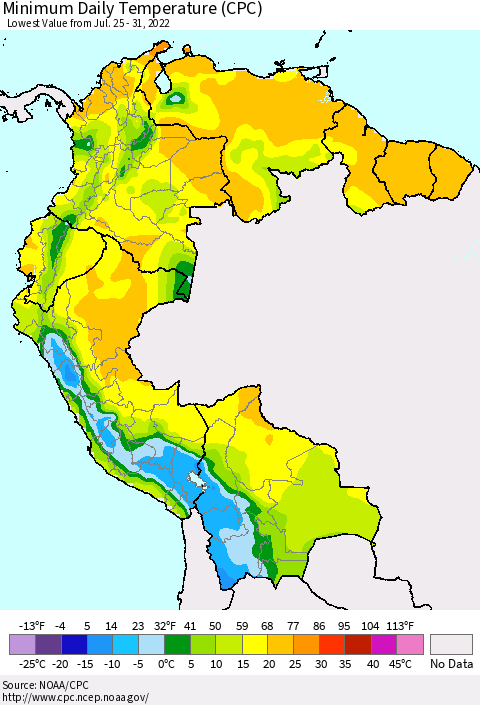 Northern South America Minimum Daily Temperature (CPC) Thematic Map For 7/25/2022 - 7/31/2022