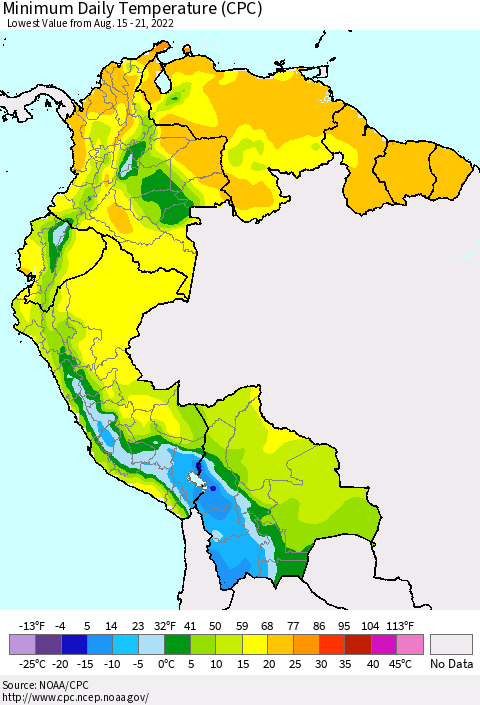 Northern South America Extreme Minimum Temperature (CPC) Thematic Map For 8/15/2022 - 8/21/2022