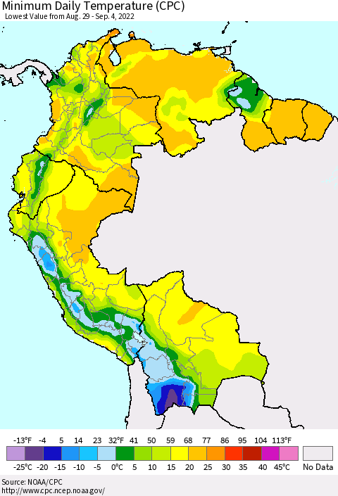Northern South America Extreme Minimum Temperature (CPC) Thematic Map For 8/29/2022 - 9/4/2022