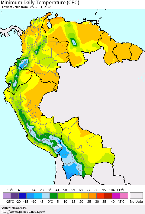Northern South America Extreme Minimum Temperature (CPC) Thematic Map For 9/5/2022 - 9/11/2022