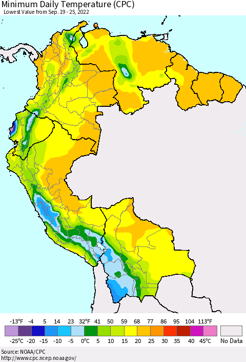 Northern South America Minimum Daily Temperature (CPC) Thematic Map For 9/19/2022 - 9/25/2022
