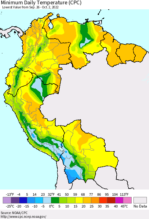 Northern South America Minimum Daily Temperature (CPC) Thematic Map For 9/26/2022 - 10/2/2022