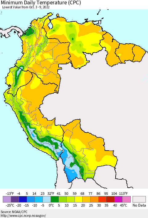 Northern South America Minimum Daily Temperature (CPC) Thematic Map For 10/3/2022 - 10/9/2022