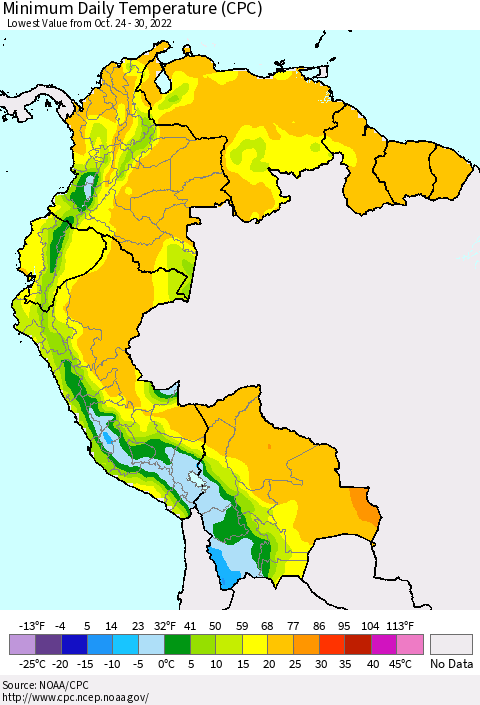 Northern South America Minimum Daily Temperature (CPC) Thematic Map For 10/24/2022 - 10/30/2022