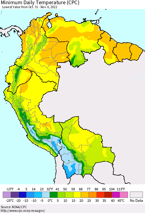 Northern South America Minimum Daily Temperature (CPC) Thematic Map For 10/31/2022 - 11/6/2022