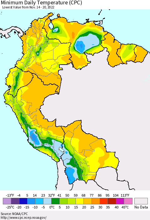 Northern South America Minimum Daily Temperature (CPC) Thematic Map For 11/14/2022 - 11/20/2022