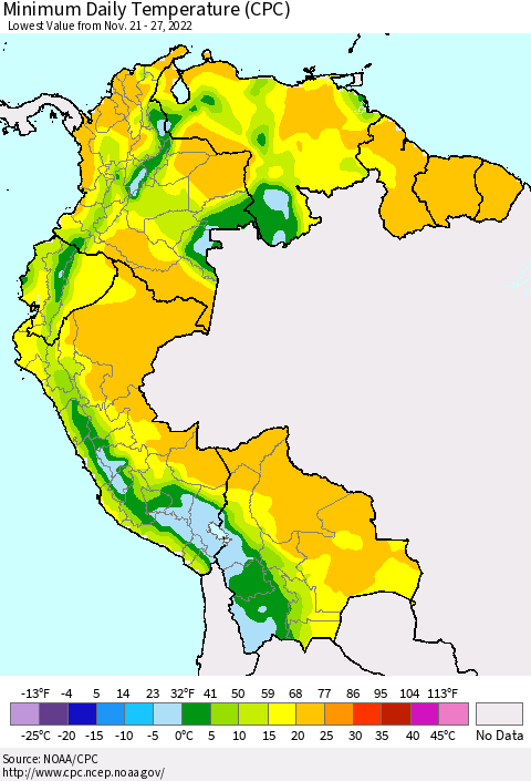 Northern South America Minimum Daily Temperature (CPC) Thematic Map For 11/21/2022 - 11/27/2022