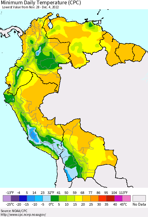 Northern South America Minimum Daily Temperature (CPC) Thematic Map For 11/28/2022 - 12/4/2022