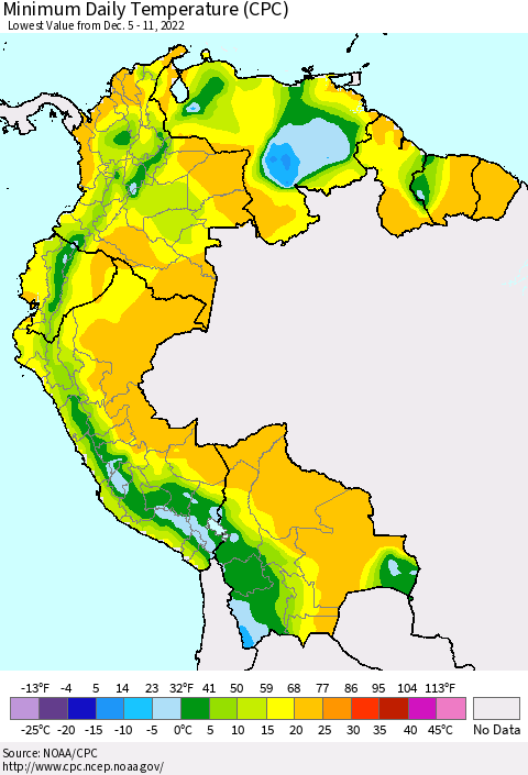 Northern South America Minimum Daily Temperature (CPC) Thematic Map For 12/5/2022 - 12/11/2022