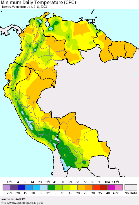 Northern South America Minimum Daily Temperature (CPC) Thematic Map For 1/2/2023 - 1/8/2023