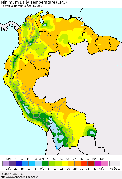 Northern South America Minimum Daily Temperature (CPC) Thematic Map For 1/9/2023 - 1/15/2023