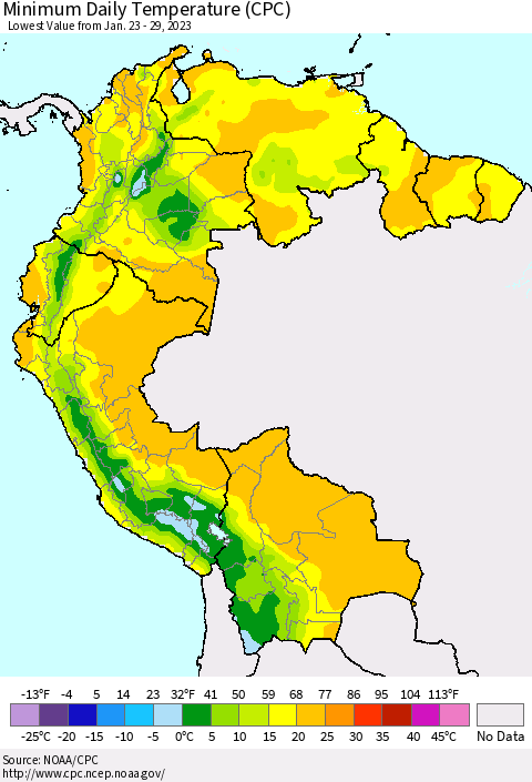 Northern South America Minimum Daily Temperature (CPC) Thematic Map For 1/23/2023 - 1/29/2023