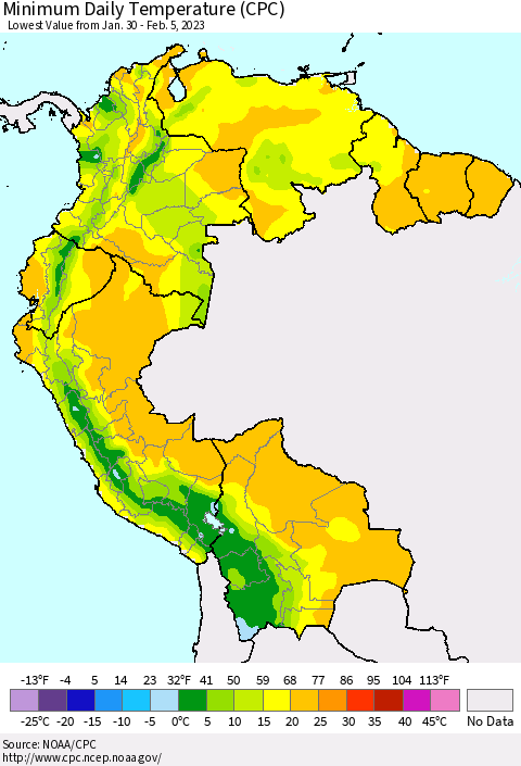 Northern South America Minimum Daily Temperature (CPC) Thematic Map For 1/30/2023 - 2/5/2023