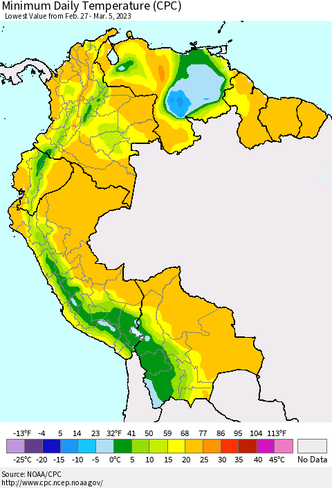 Northern South America Minimum Daily Temperature (CPC) Thematic Map For 2/27/2023 - 3/5/2023