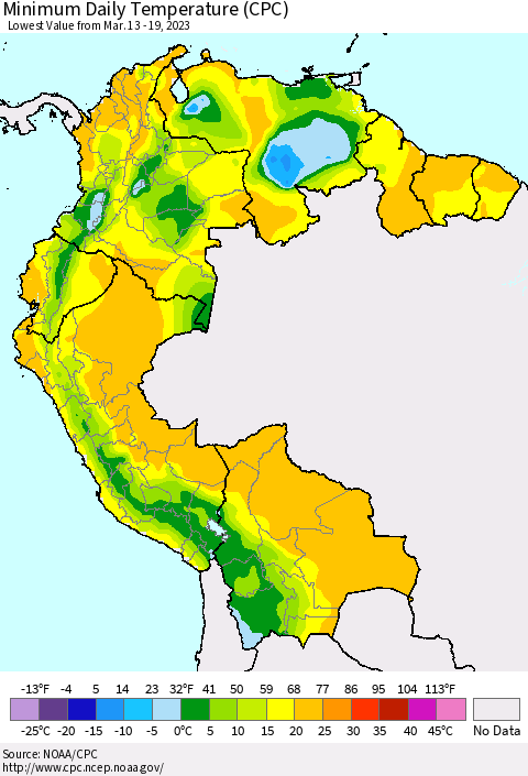 Northern South America Minimum Daily Temperature (CPC) Thematic Map For 3/13/2023 - 3/19/2023
