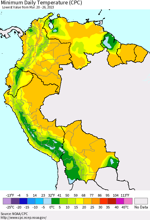 Northern South America Minimum Daily Temperature (CPC) Thematic Map For 3/20/2023 - 3/26/2023