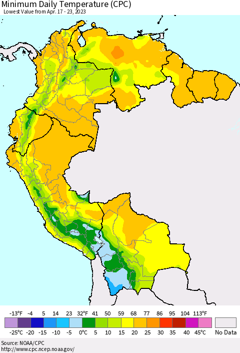 Northern South America Minimum Daily Temperature (CPC) Thematic Map For 4/17/2023 - 4/23/2023