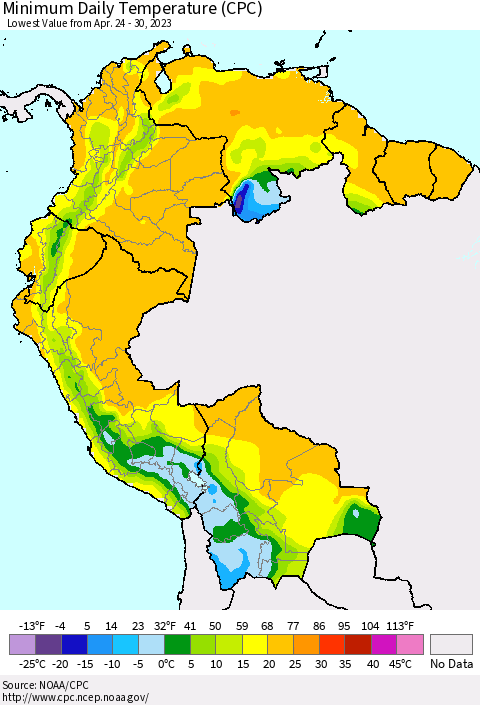 Northern South America Minimum Daily Temperature (CPC) Thematic Map For 4/24/2023 - 4/30/2023
