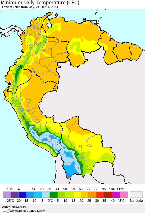 Northern South America Minimum Daily Temperature (CPC) Thematic Map For 5/29/2023 - 6/4/2023