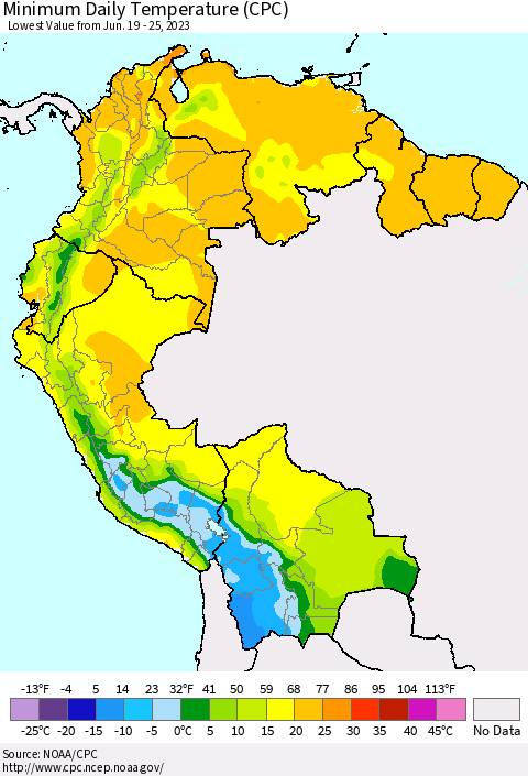 Northern South America Minimum Daily Temperature (CPC) Thematic Map For 6/19/2023 - 6/25/2023