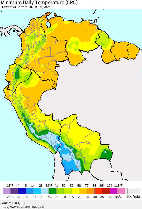 Northern South America Minimum Daily Temperature (CPC) Thematic Map For 7/10/2023 - 7/16/2023