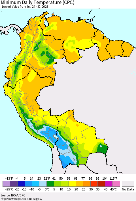 Northern South America Minimum Daily Temperature (CPC) Thematic Map For 7/24/2023 - 7/30/2023