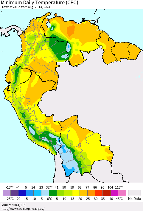 Northern South America Minimum Daily Temperature (CPC) Thematic Map For 8/7/2023 - 8/13/2023