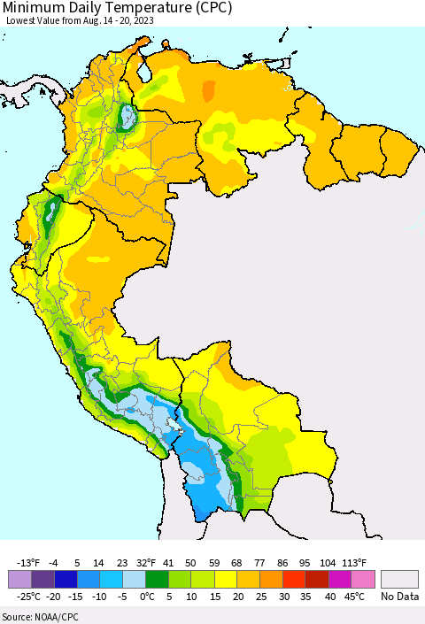 Northern South America Minimum Daily Temperature (CPC) Thematic Map For 8/14/2023 - 8/20/2023