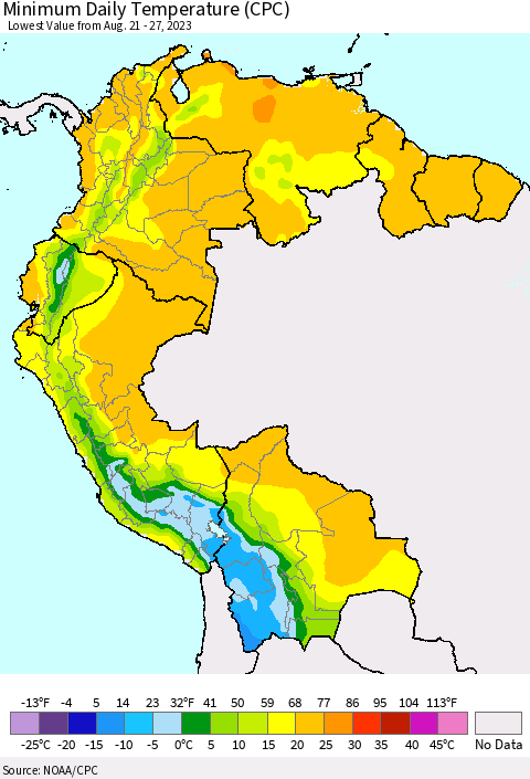 Northern South America Minimum Daily Temperature (CPC) Thematic Map For 8/21/2023 - 8/27/2023