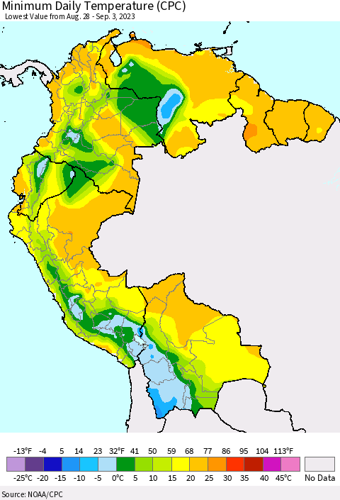 Northern South America Minimum Daily Temperature (CPC) Thematic Map For 8/28/2023 - 9/3/2023