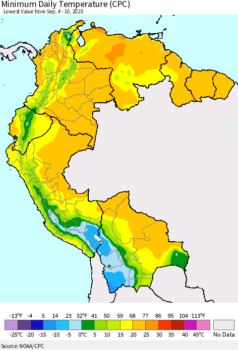 Northern South America Minimum Daily Temperature (CPC) Thematic Map For 9/4/2023 - 9/10/2023