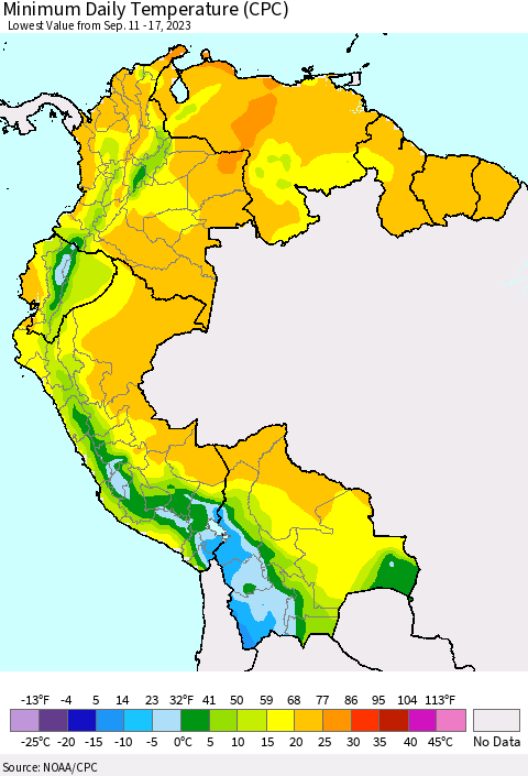 Northern South America Minimum Daily Temperature (CPC) Thematic Map For 9/11/2023 - 9/17/2023