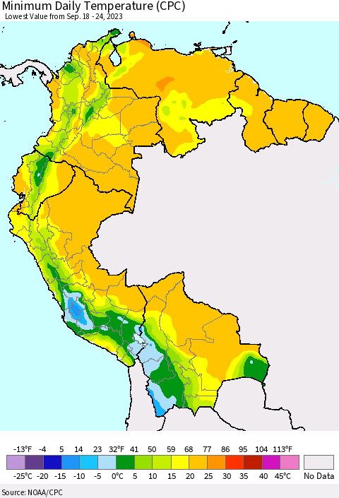 Northern South America Minimum Daily Temperature (CPC) Thematic Map For 9/18/2023 - 9/24/2023