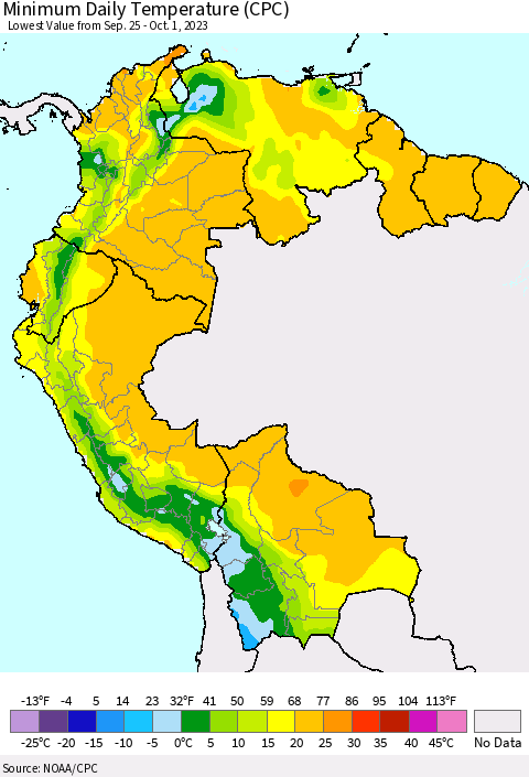 Northern South America Minimum Daily Temperature (CPC) Thematic Map For 9/25/2023 - 10/1/2023