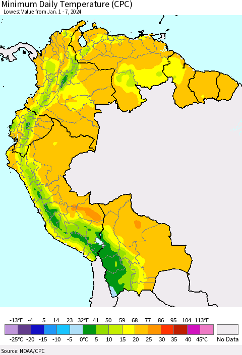 Northern South America Minimum Daily Temperature (CPC) Thematic Map For 1/1/2024 - 1/7/2024