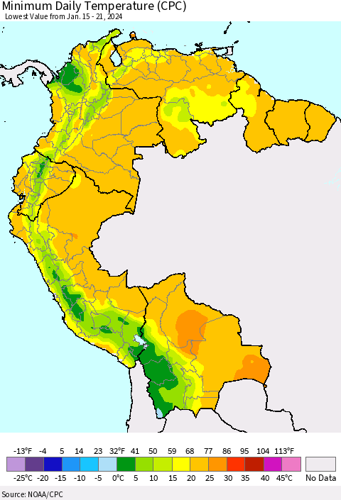Northern South America Minimum Daily Temperature (CPC) Thematic Map For 1/15/2024 - 1/21/2024