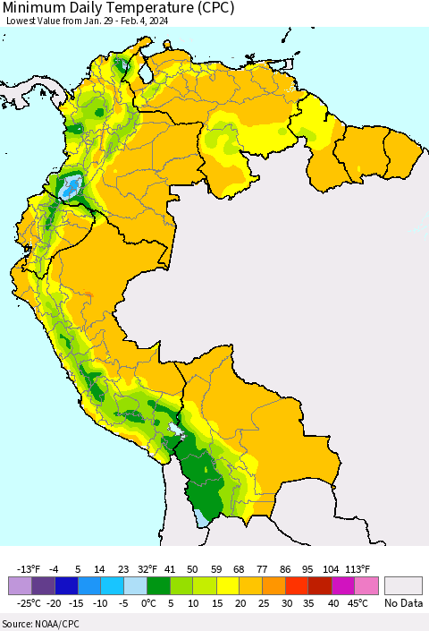 Northern South America Minimum Daily Temperature (CPC) Thematic Map For 1/29/2024 - 2/4/2024