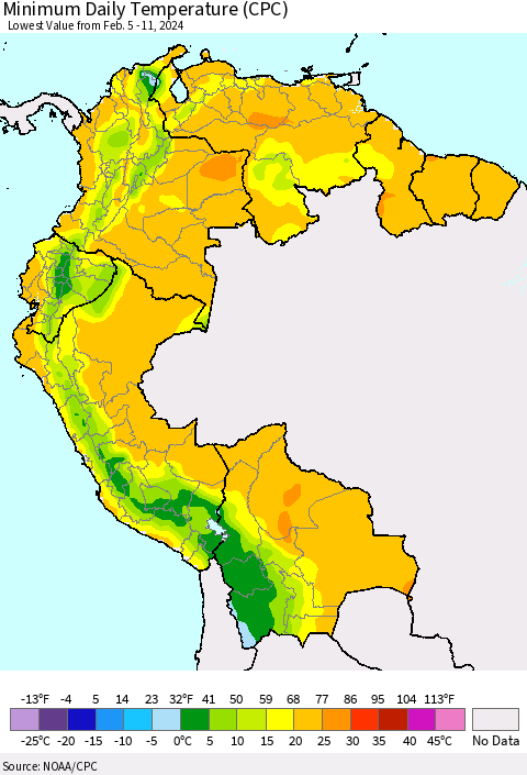 Northern South America Minimum Daily Temperature (CPC) Thematic Map For 2/5/2024 - 2/11/2024