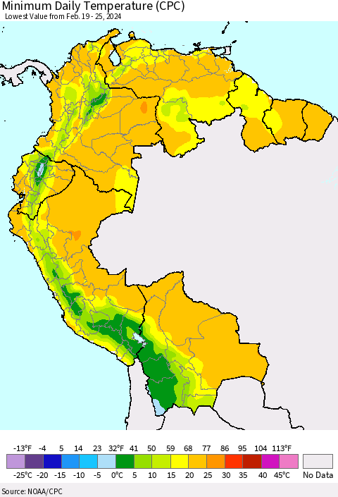 Northern South America Minimum Daily Temperature (CPC) Thematic Map For 2/19/2024 - 2/25/2024