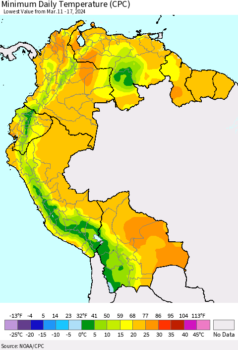 Northern South America Minimum Daily Temperature (CPC) Thematic Map For 3/11/2024 - 3/17/2024