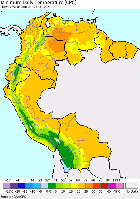 Northern South America Minimum Daily Temperature (CPC) Thematic Map For 3/25/2024 - 3/31/2024