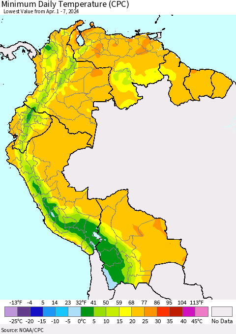 Northern South America Minimum Daily Temperature (CPC) Thematic Map For 4/1/2024 - 4/7/2024
