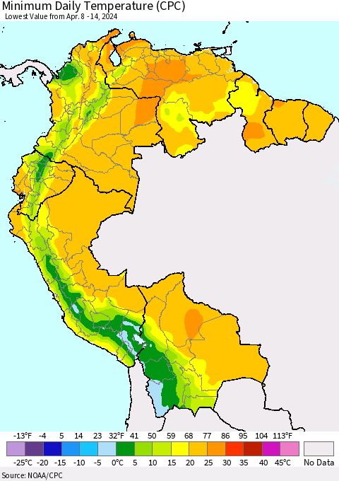 Northern South America Minimum Daily Temperature (CPC) Thematic Map For 4/8/2024 - 4/14/2024